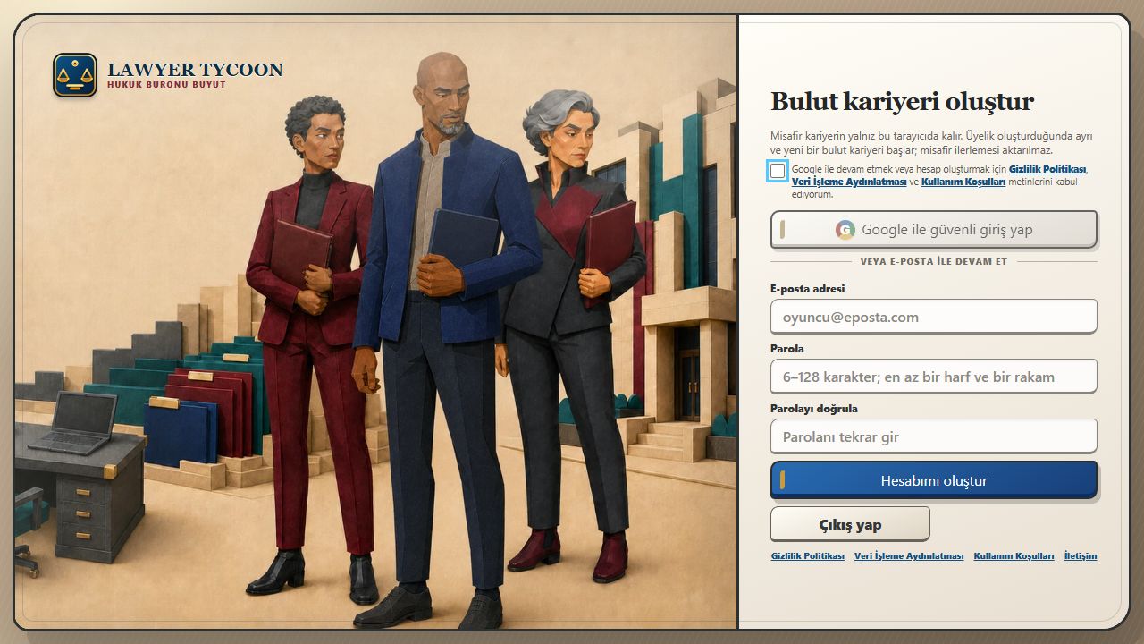 Lawyer Tycoon ücretsiz hesap oluşturma ekranı
