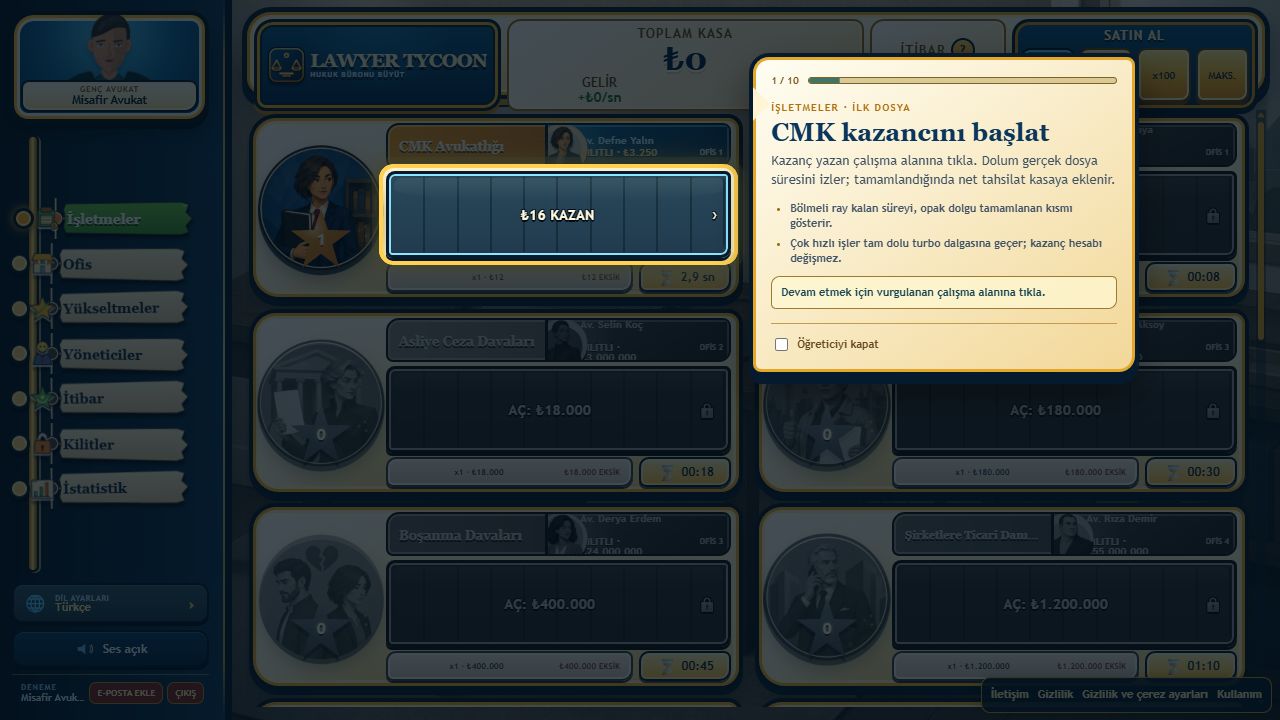 Lawyer Tycoon başlangıç ekranı ve ilk CMK dosyası öğreticisi