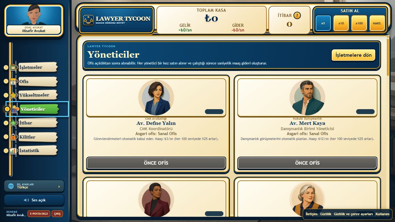 Lawyer Tycoon yöneticiler ekranı