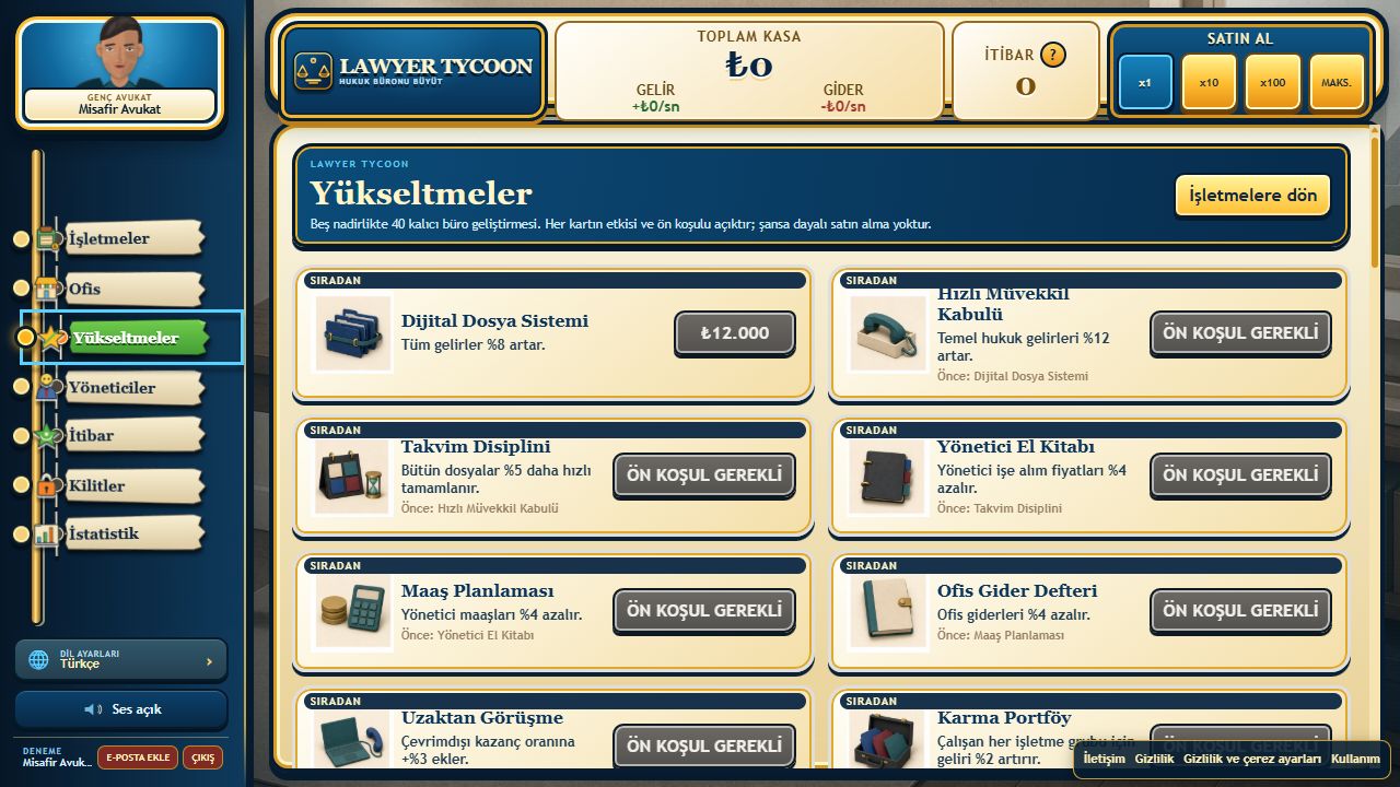 Lawyer Tycoon kalıcı yükseltmeler ekranı